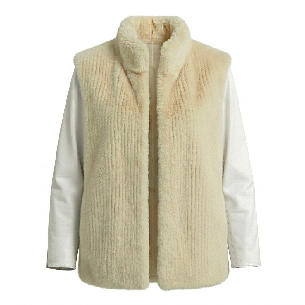 Vtg Genuine Mink Fur & Pure White Leather Sleeves Jacket Coat Old Money Mob Wife